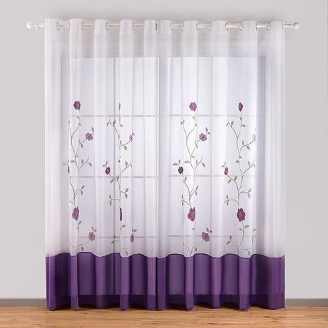 140 x 245 cm,2 Panneaux Violet Voile Rideaux Panneau Semi Transparent Voilage Fenêtre Voilage Rideaux Floral Brodé Drapé avec Œillet pour Salon Chambre Cuisine Balcon (1/5)
