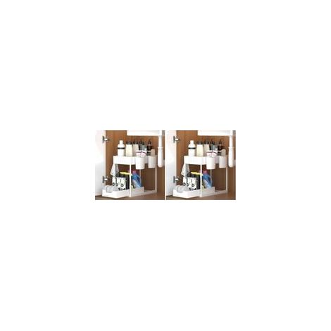 (Lot de 2) Blanc Rangement sous Evier 2 Niveaux, Coulissant Organiseur sous Évier Etagere Tiroir,Panier de rangement multifonction pour salle de bain, étagère sous placard, étagère de lavevaisselle (1/5)