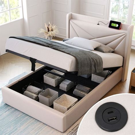 Lit rembourré coffre 90x200 cm beige coton-lin avec tête de lit et chargeur USB-C, sommier inclus (1/5)