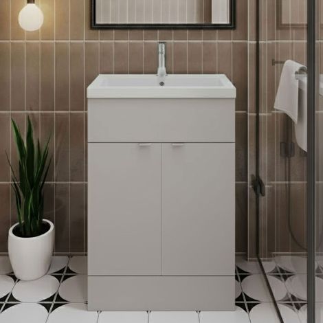 Hudson Reed Fusion Floor Standing Vanity Unit with Ceramic Basin 600mm Wide - Pebble Grey
