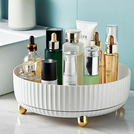 Bandeja blanca giratoria de 360° para perfumes y productos para el cuidado de la piel, expositor de cosméticos ideal para el tocador del baño.
