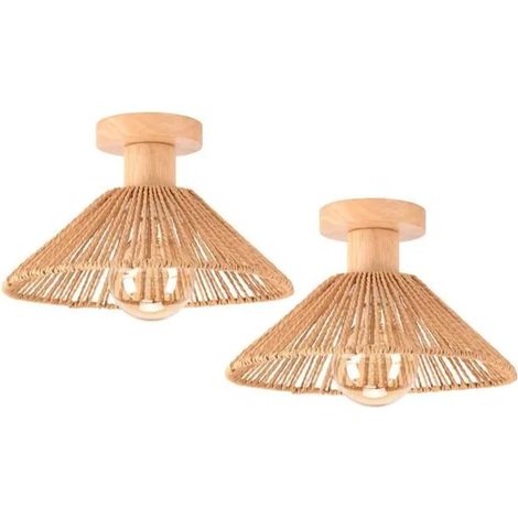 2pcs Plafonnier Vintage,26cm Lampe de Plafond Industriel en Rotin et Bois Design Edison E27 Luminaire Rétro pour Couloir (1/5)