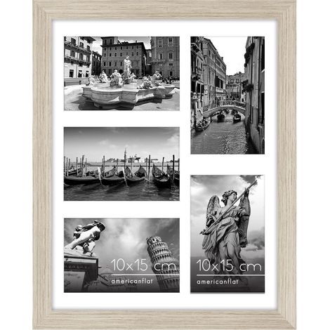 Cadre Photo 10x15 cm Bois Flotté - Cadre Pêle-Mêle 28x36 cm sans Passe-Partout ou avec Passe-Partout pour Cinq Photos 15x10 cm avec Verre Résistant aux Chocs (1/5)