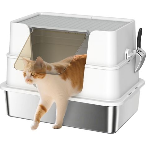 Bac à litière pour chat, en acier inoxydable, grand format, avec pelle, gris clair fini anti-rouille pour une durabilité accrue