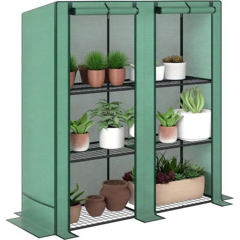 Serre de jardin avec étagères métalliques à 3 niveaux serre de balcon couverture PE toit incliné 144 x 48 x 152 cm vert (1/5)