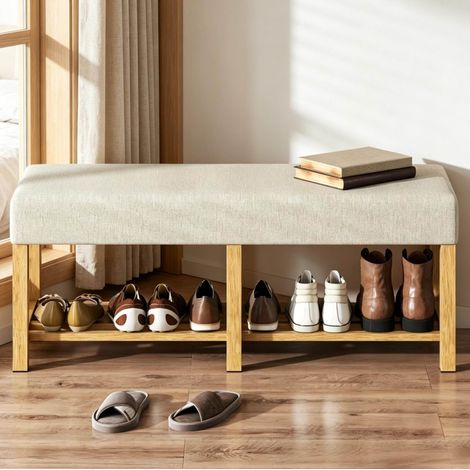 Panca portascarpe con seduta imbottita e ripiano aperto in legno 120 cm beige (1/5)
