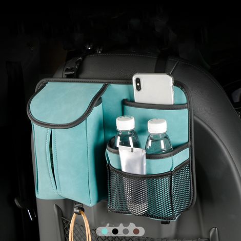 Sacoche de rangement dossier siège auto porte-mouchoirs organiseur suspendu simili cuir bleu crochet fixation voiture (1/5)