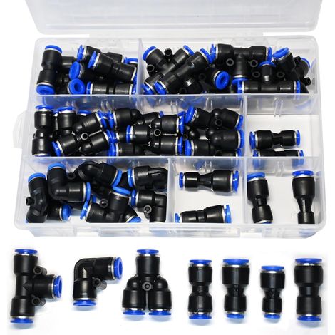 Lot de 46 raccords pneumatiques rapides de 8 mm - Droits, coudés, en T, répartiteurs en Y et réducteurs - Connecteur de tuyau d'air pour tuyaux en polyuréthane/nylon/polyéthylène (1/5)