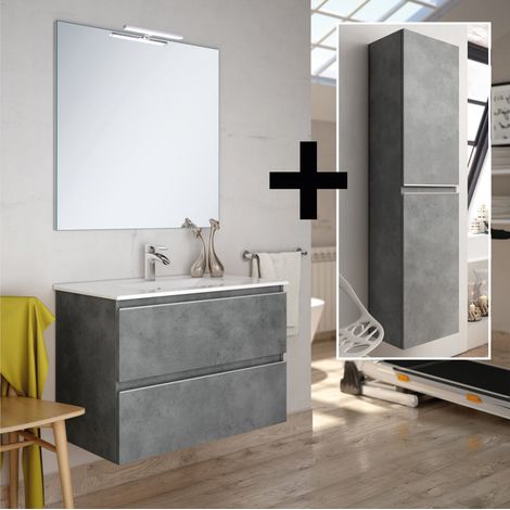 Ensemble meuble de salle de bain 70cm simple vasque + colonne de rangement - ciment (gris) - BALEA (1/5)