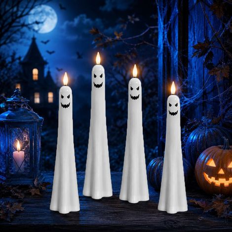 Neue LED-Stabkerzen mit Sensor – Gruselige Halloween-LED-Kerzen (Teufels-Edition) – 4 Stück – Lichtsensor