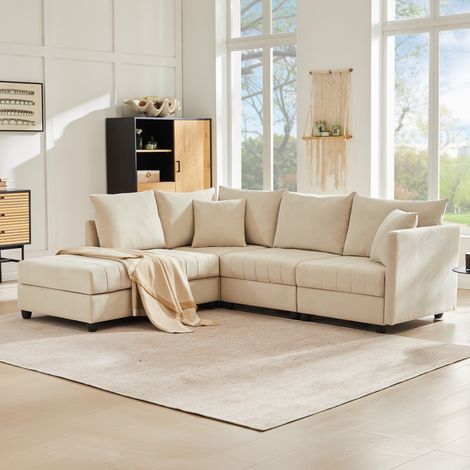 REDOM Canapé 5 places d'angle modulable 220x194x85 cm, repose pieds amovible, tissu coton lin beige