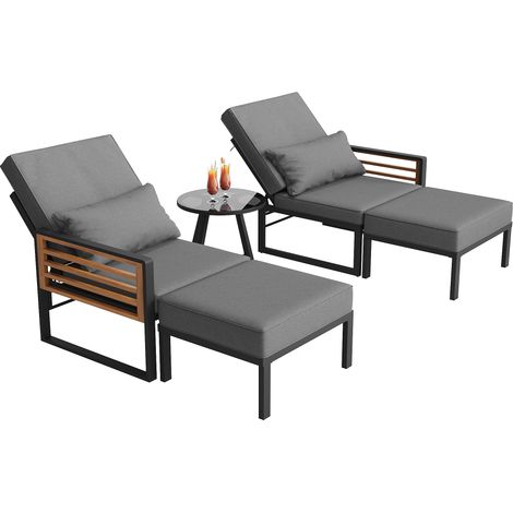 Conjunto de Jardín con 2 Sillones, 2 Pufs y 1 Mesa Auxiliar, Respaldo Regulable, para 2 a 4 personas, Metal y Tela Impermeable, Gris (1/5)