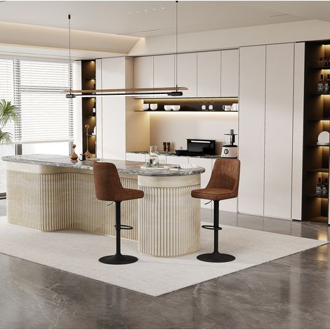 Tabouret de bar en tissu et métal marron et noir, réglable en hauteur, pivotant 360°, lot de 2 (1/5)