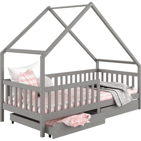 Idimex – Lit cabane asymétrique 90 x 200 cm – Tiroirs de rangement – Pin massif lasuré gris – Barrières de protection pour sécurité enfant