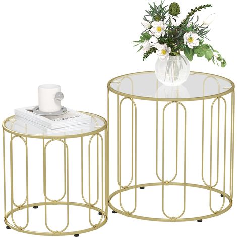 Ensemble de 2 tables d'appoint gigognes avec structure en métal et plateau en verre Ø50x50 cm et Ø40x40 cm, couleur or (1/5)