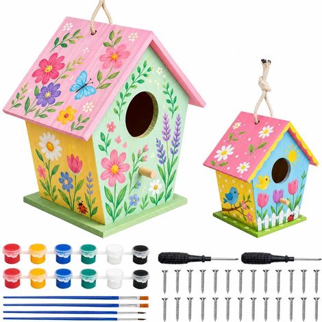 Vogelhaus Bausatz zum Bemalen, 2 Stück Holz Bastelset für Kinder & Erwachsene