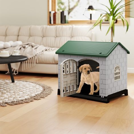 Niche Pliable en Plastique pour Chien Abri pour Animaux avec Plateau de Toilette Amovible Porte Verrouillable 3 Fenêtres Toit Incliné Vert (1/2)