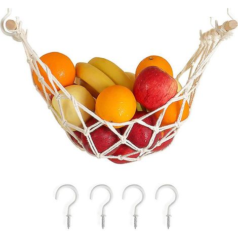 Hamac à fruits en macramé à suspendre sous un meuble, avec crochets, pour une décoration de cuisine élégante et un rangement pratique des bananes. (1/5)