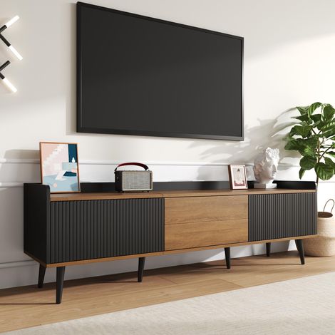 Meuble TV, table TV, support TV, meuble bas trois portes. Design compact. Finition bois noir et naturel. Hauteur 49,5 cm / Longueur 160 cm / Largeur 39 cm (1/5)