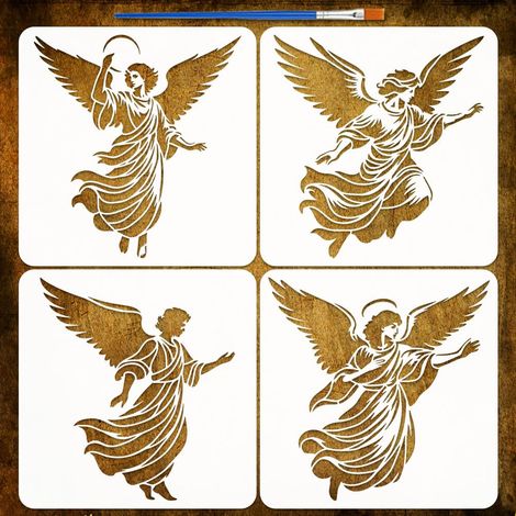 4Pcs Pochoirs Motif Ange avec un Pinceau 30x30cm Pochoirs Peinture Archange Pochoir Motif Ange PET Pochoir Thèmes Fantastique Modèle Thèmes Humain pour Bois Sol Mur DIY (1/5)