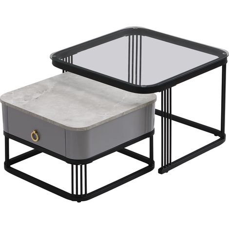 Table basse modulable en lot de 2 avec plateau effet marbre et verre, pieds noirs, avec tiroirs (1/5)