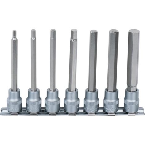 Rail de 7 douilles tournevis longues 6 pans 3/8" 4-12 mm