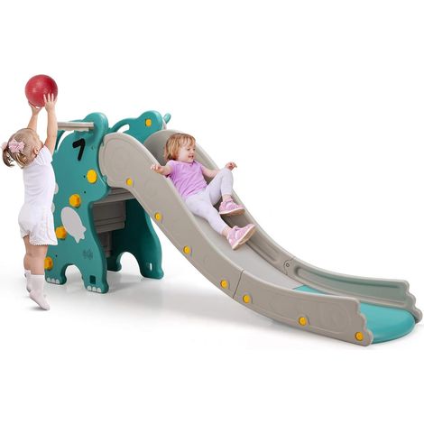 COSTWAY Kinder Rutsche, 4 in 1 Kinderrutsche mit Basketballkorb & Leiter & Ringwurfspiel, Rutsche Spielset für Indoor & Outdoor, Grün + Grau