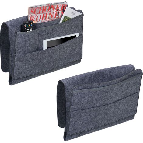 Relaxdays Betttasche, 2er Set, 4 Fächer, Klettverschluss, Aufbewahrung für Bett & Sofa, Bett Organizer, Filz, dunkelgrau