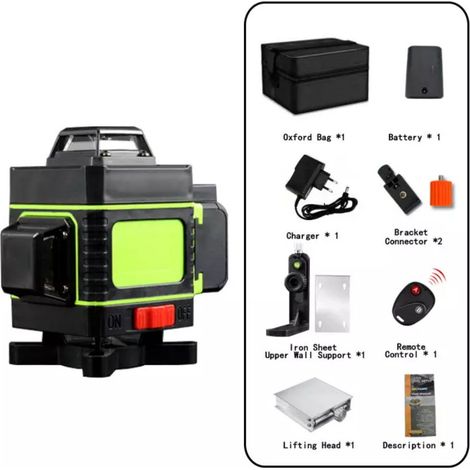Nivel láser de 16 líneas con placa objetivo, nivel láser autonivelante 4D x 360, nivel láser verde horizontal y vertical con 2 baterías para trabajos de medición y trazado de bricolaje. (1/5)