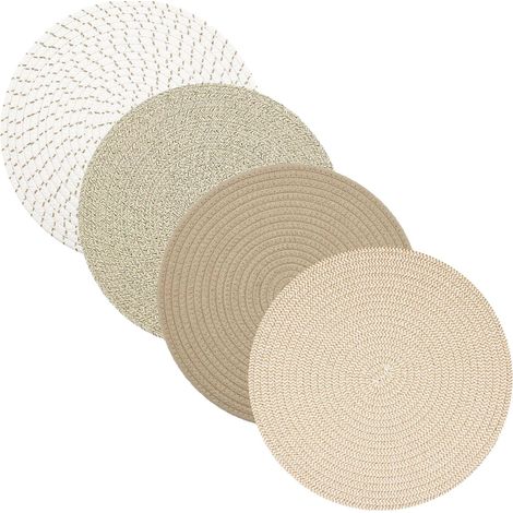 Juego de 4 manteles individuales redondos - Manteles individuales de cuerda de algodón grueso - Manteles individuales tejidos resistentes al calor - Almohadillas térmicas de cocina - Tejido resistente (1/3)
