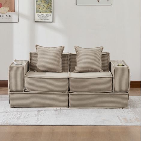 Sofá modular 162x78x66 cm caqui en pana con 2 cojines y bolsillos laterales (1/5)