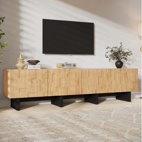 Meuble TV bas 180 cm pour téléviseur jusqu’à 75 pouces, 4 portes push-to-open, MDF naturel et noir (1/5)
