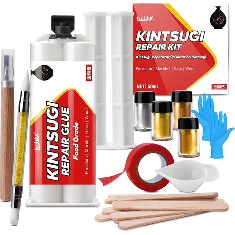 Kit de réparation Kintsugi amélioré - Colle en porcelaine pour aliments pour la réparation de céramique, porcelaine, verre, sculptures, colle dorée pour débutants (1/5)