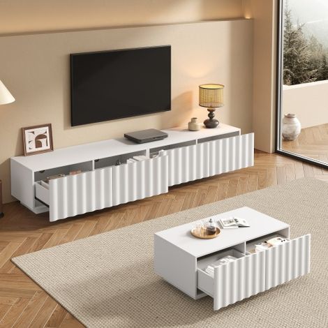 Modernluxe - Ensemble de salon moderne - Meuble TV + Table basse - Motif vague - Rangement - MDF + Panneaux de particules - Blanc (1/5)