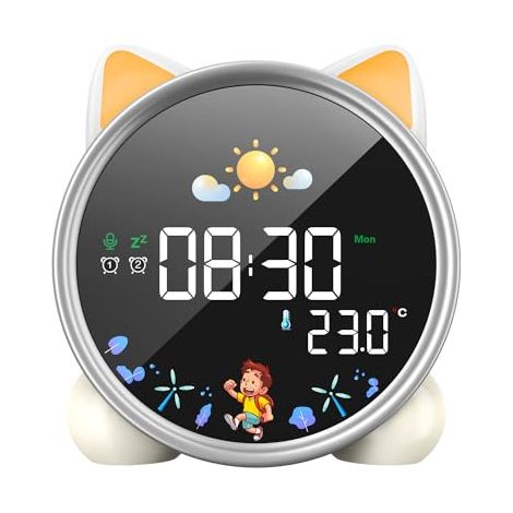 Réveil Educatif Jour Nuit Reveil Enfant 5 Couleurs Lumineux LED Lampe de Chevet avec Musique,Double Alarme,Température,Fonction Snooze (1/5)