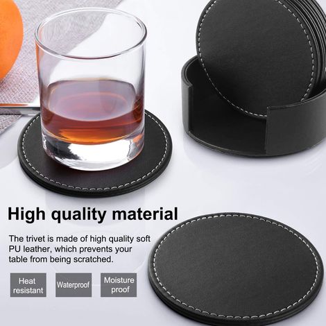 Sous-verres, sous-verres en cuir PU antidérapants 6 pièces, support résistant à la chaleur pour café, bière, tasses à thé, (6 sous-verres + 1 support) (1/4)