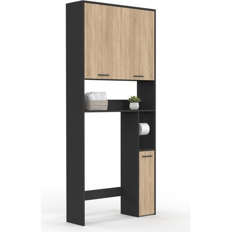 Idmarket – Meuble pour WC bicolore noir et bois – Dimensions 79x23x178 cm – Placard avec étagère ajustable – Rangement gain de place