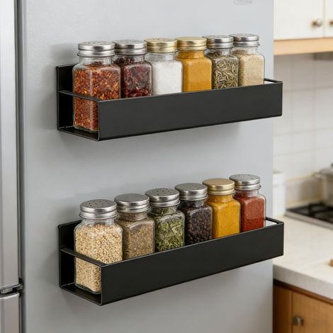 Lot de 2 supports magnétiques pour réfrigérateur, étagère à épices magnétique en métal, rangement pour épices dans la cuisine, noir