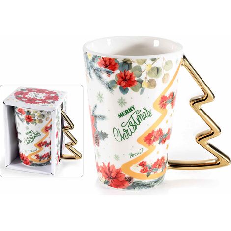 Tasses de Noël en porcelaine avec anse sapin doré en coffret cadeau, lot de 2, tasse : diam. 8,5 cm x H. 12,5 cm