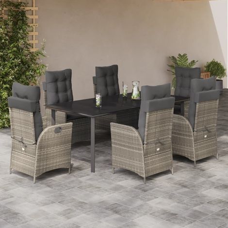 7-tlg. Garten-Essgruppe mit Kissen Hellgrau Poly Rattan