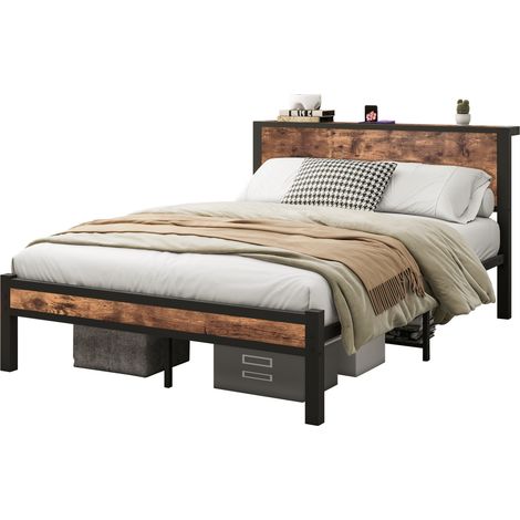 Letto a piattaforma 140 x 200 cm in MDF e metallo con testiera contenitore, marrone antico (1/5)
