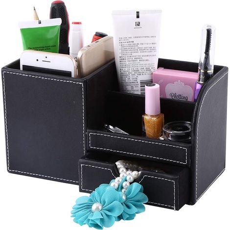 Organiseur de bureau et cuir étui à la mode, boîte de rangement pour stylos, crayons, pratique, en bois, décoration de bureau, noir,23,4 x 10,4 x 12, (1/5)