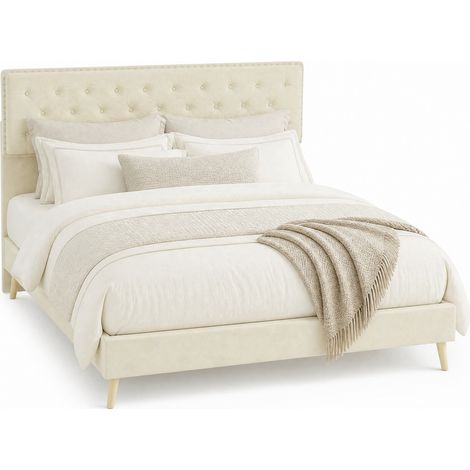 Lit double 160 x 200 cm en tissu beige, tête de lit capitonnée style velours, rangements sous le lit, sommier à lattes, de CHICFURN (1/5)