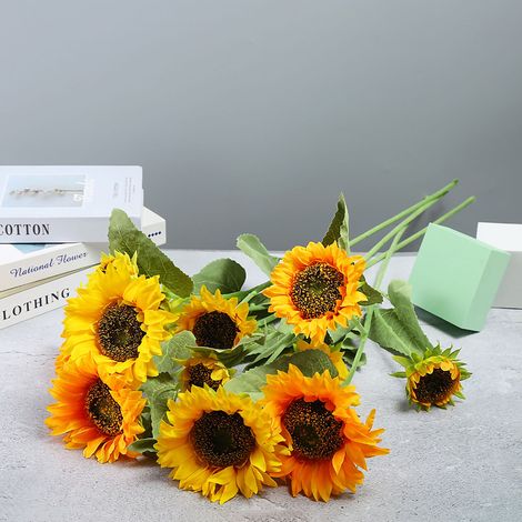 Künstliche Sonnenblume aus Seidenstoff, Nachbildung einer Blume, für die Dekoration von Wohnräumen, Brautsträußen, 7-armiges Accessoire (1/5)