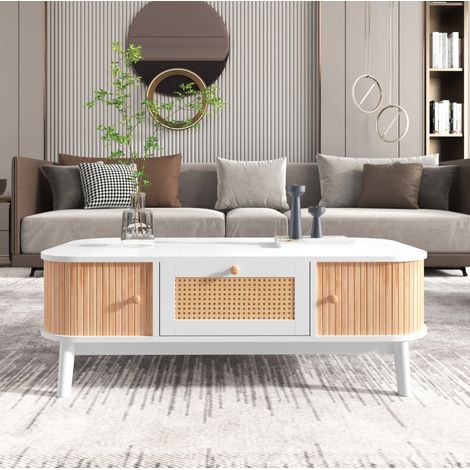 Tavolino basso in MDF 110 x 55 x 38,5 cm con contenitore, dettagli rattan, bianco e legno HAVRYA (1/5)