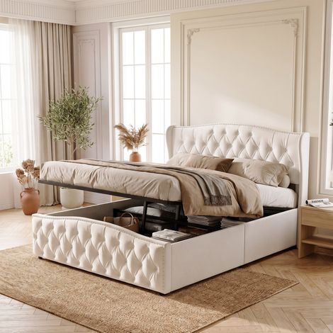 Lit coffre 160x200 avec sommier, lit double adulte 160x200 avec rangement, Velours, blanc cassé (1/5)