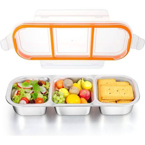 3 compartiments snack box réutilisable avec couvercle hermétique, Boîte à goûter en, à collation inox pour enfants et adultes, compartimentée étanche pour école, bureau, voyage, pique-nique et camping (1/5)