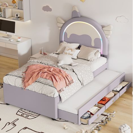 Cama infantil unicornio con nido en PU violeta OKMYHOME (1/5)