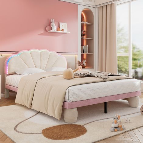 Lit rembourré 140x200 cm beige/rose velours,LED multicolore,tête festonnée,pieds ronds,base à lattes,lit jeunesse romantique