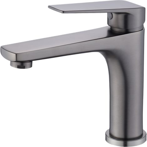 Robinet de lavabo en laiton plein gris pistolet plaqué à l'eau, eau chaude/froide, monotrou – livré avec tuyau 60cm (1/5)